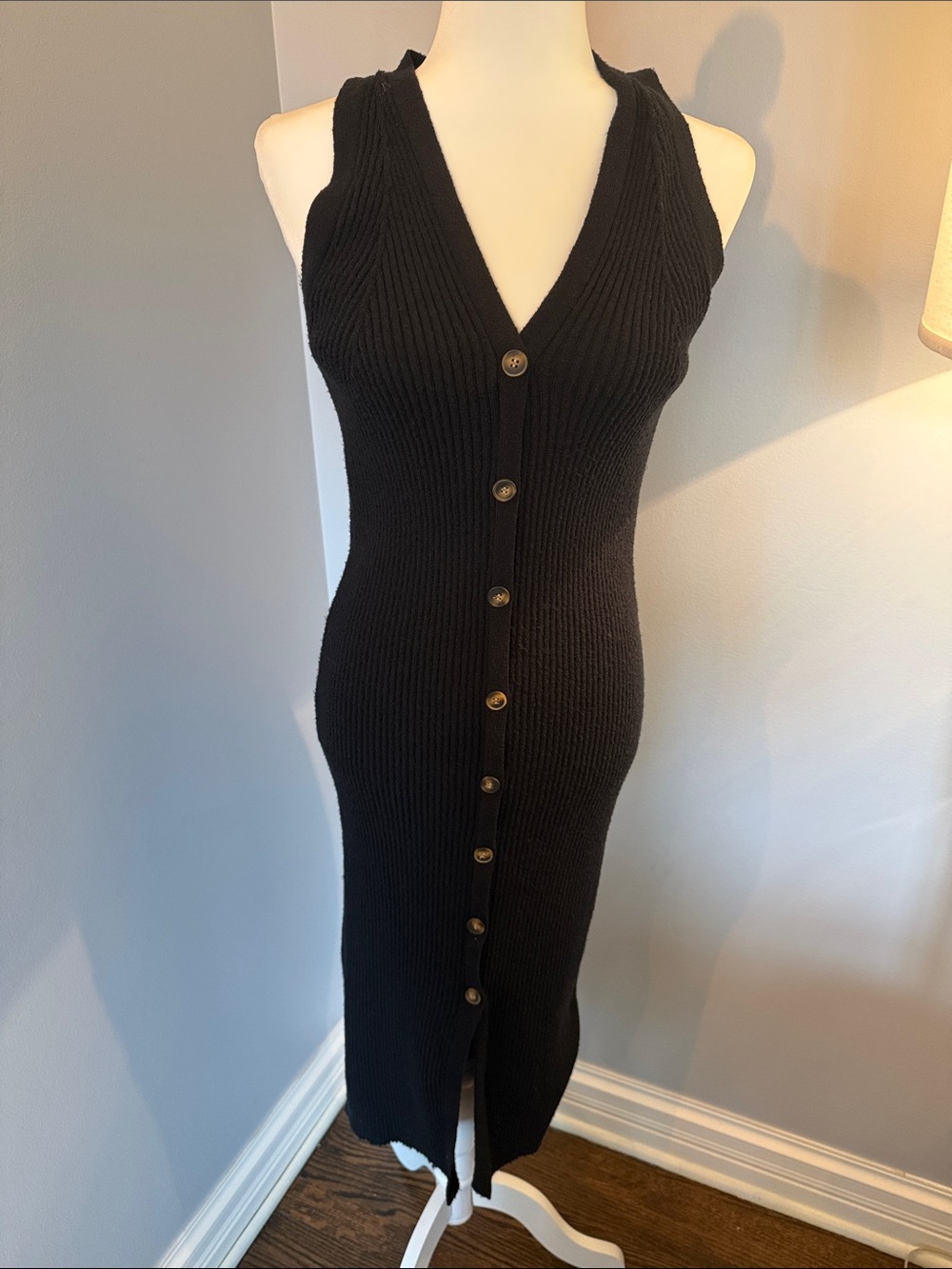 Fitted Black Sleeveless Button-Front Sweater Dress